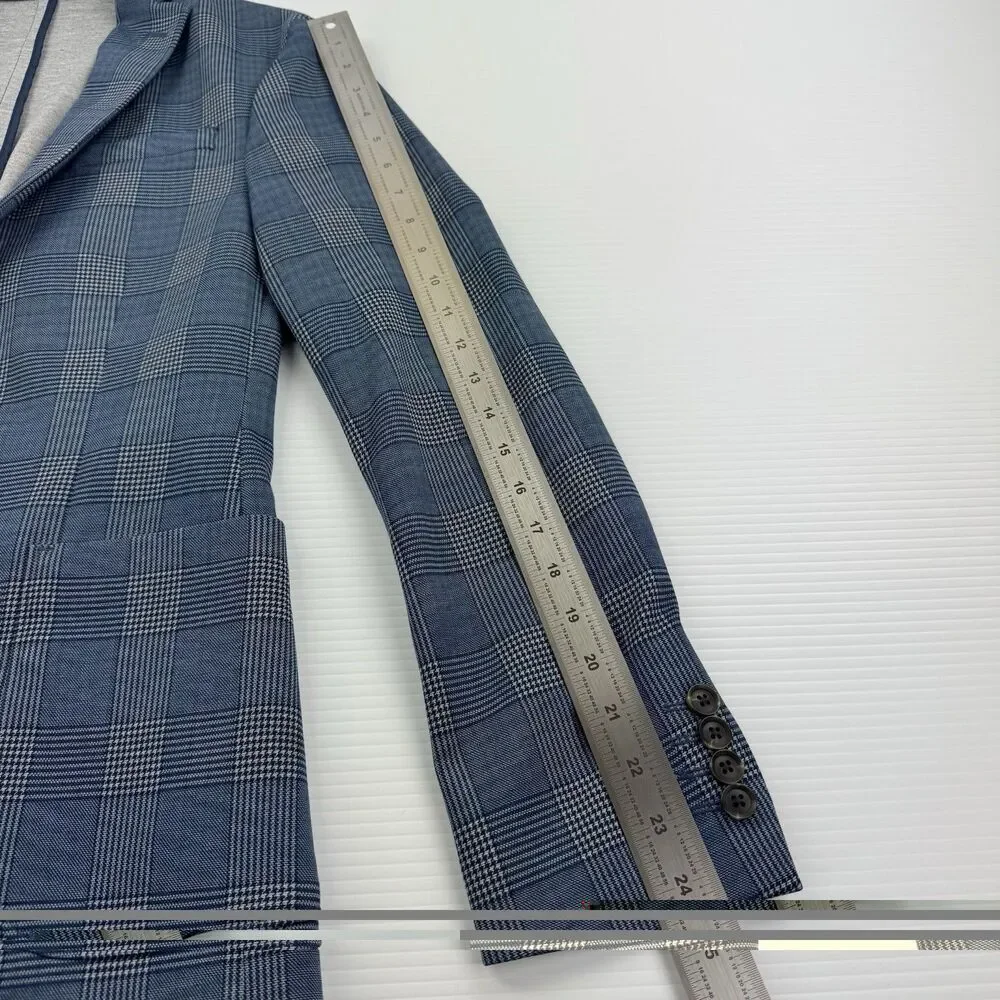 J Ferrar Slim Fit Sport Coat 34R Blue Plaid Windowpane Stretch Blazer Mens